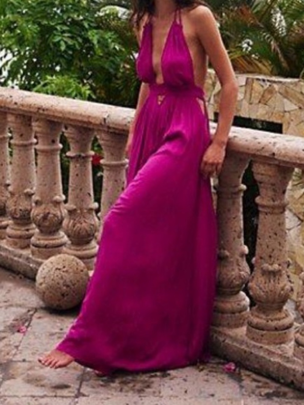 Free People Fuchsia Plunge Halter Maxi Dress
